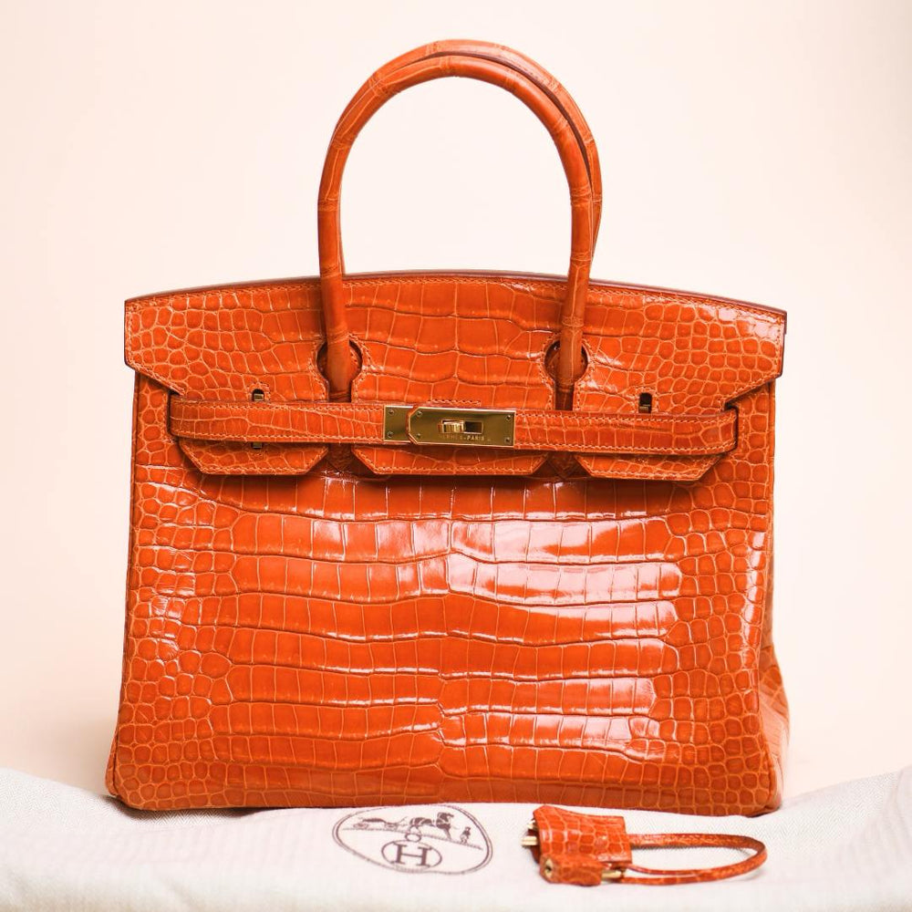 Preowned Hermès Birkin 30 Orange Shiny Porosus Crocodile Gold Hardware Handbag