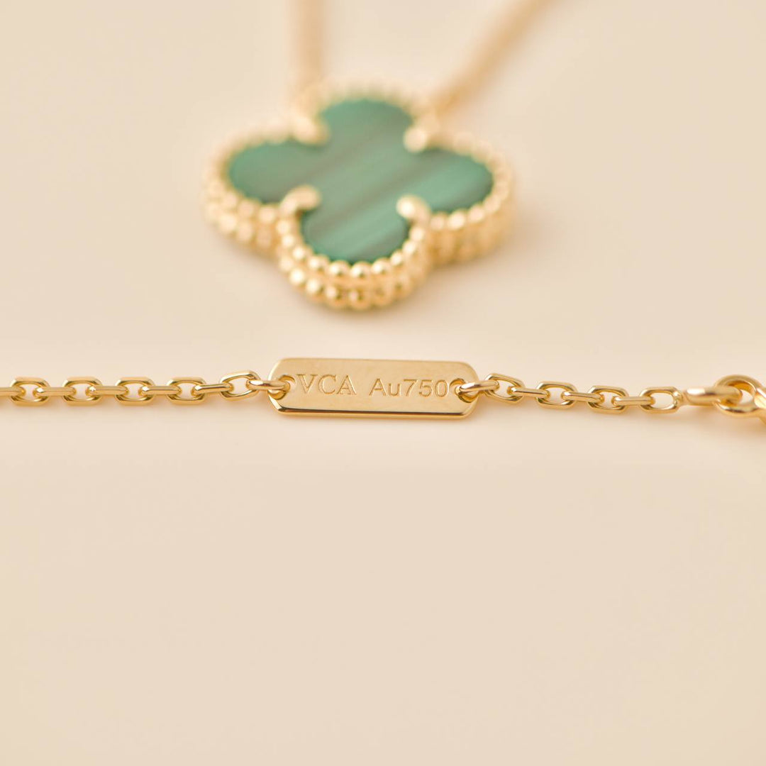 Preowned Van Cleef Vintage Alhambra Malachite 18K Yellow Gold Pendant Necklace