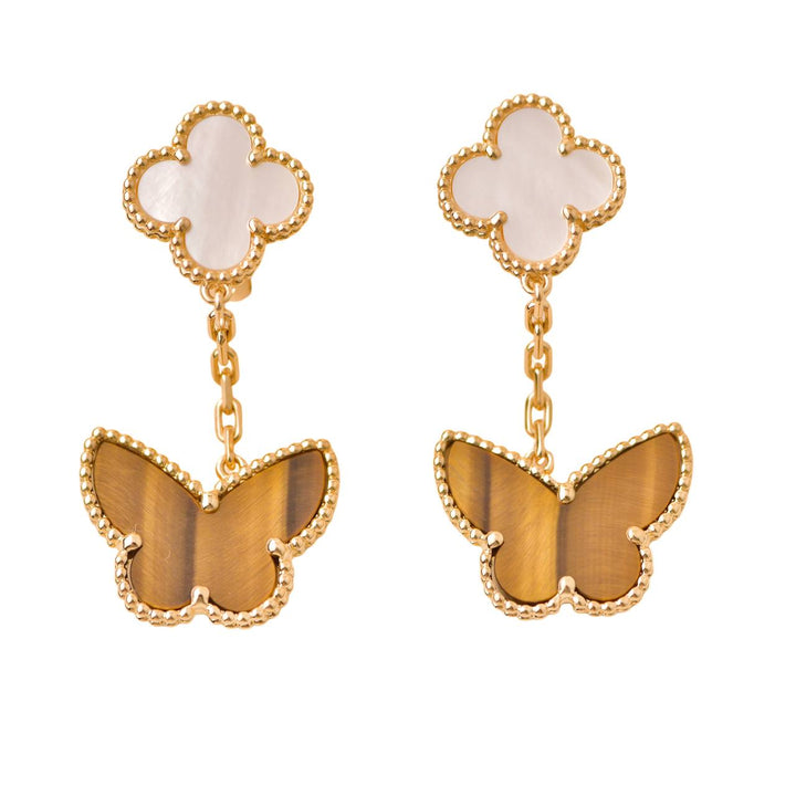 Van Cleef & Arpels Lucky Alhambra Mother of Pearl and Tiger Eye Yellow Gold Earrings