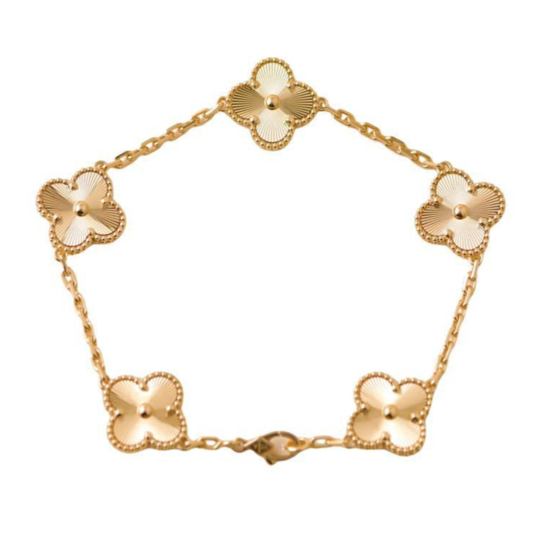 Preloved Van Cleef & Arpels Vintage Alhambra Guilloché 5 Motifs Yellow Gold Bracelet