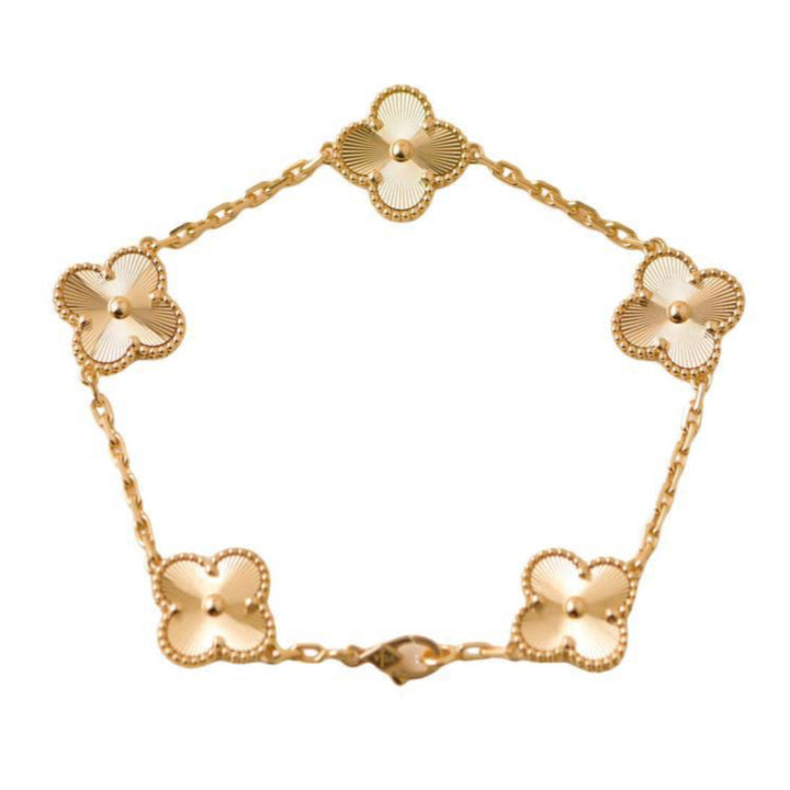 Preloved Van Cleef & Arpels Vintage Alhambra Guilloché 5 Motifs Yellow Gold Bracelet