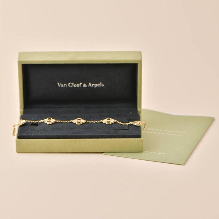 Preowned Van Cleef & Arpels Vintage Alhambra Guilloché 5 Motifs Yellow Gold Bracelet