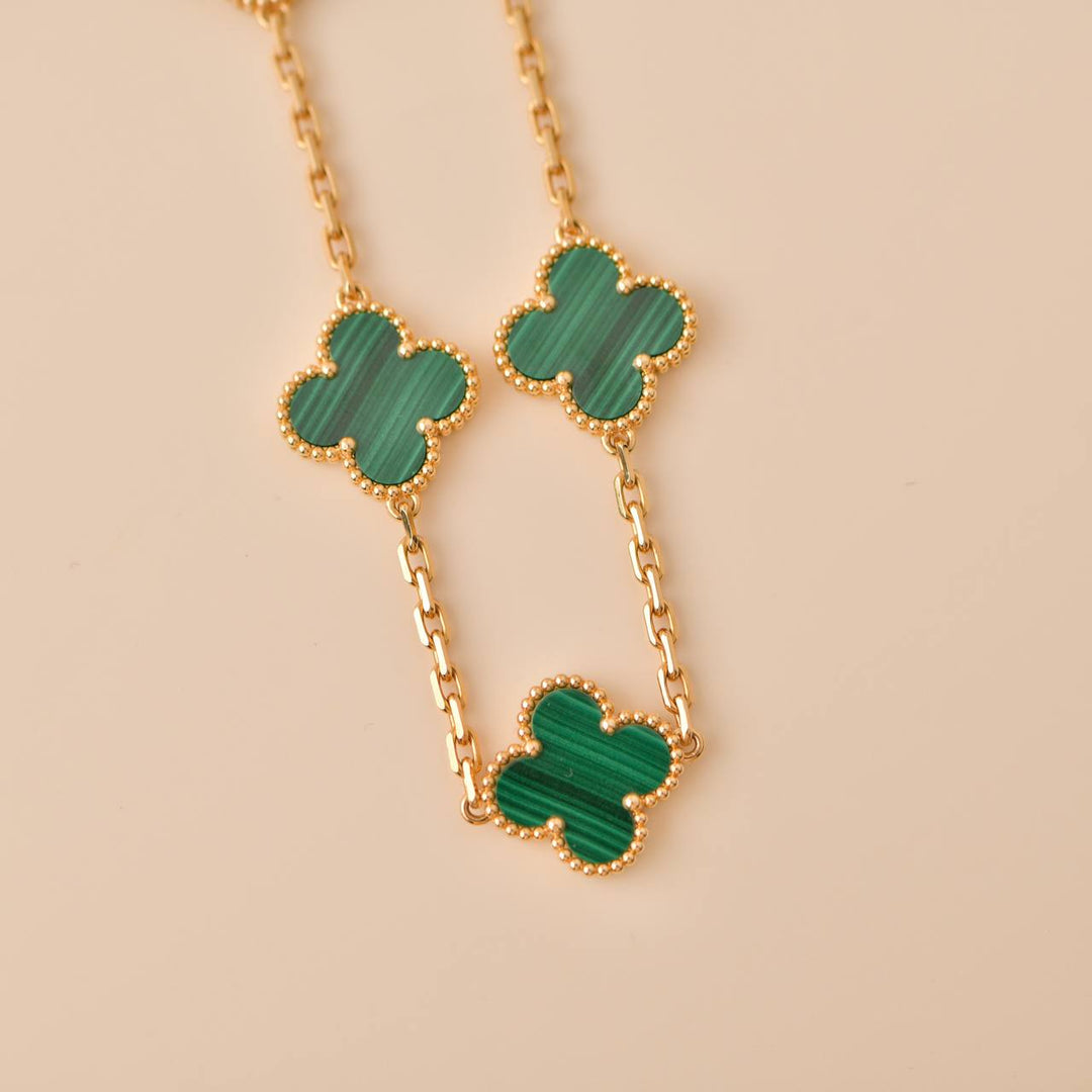 Van Cleef & Arpels Vintage Alhambra 5 Motif Malachite 18K Yellow Gold Bracelet