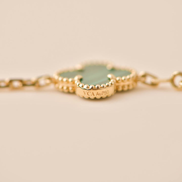 Van Cleef & Arpels Vintage Alhambra 5 Motif Malachite 18K Yellow Gold Bracelet