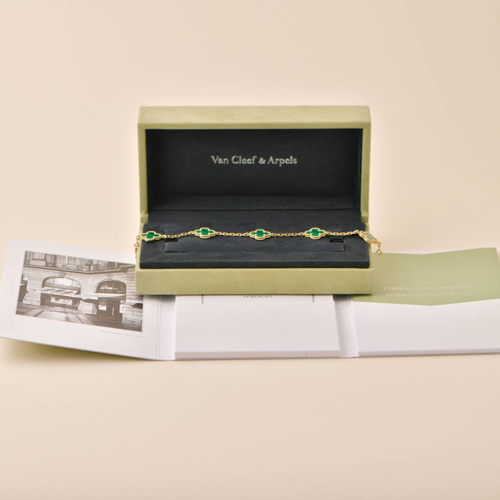 Van Cleef & Arpels Vintage Alhambra 5 Motif Malachite 18K Yellow Gold Bracelet