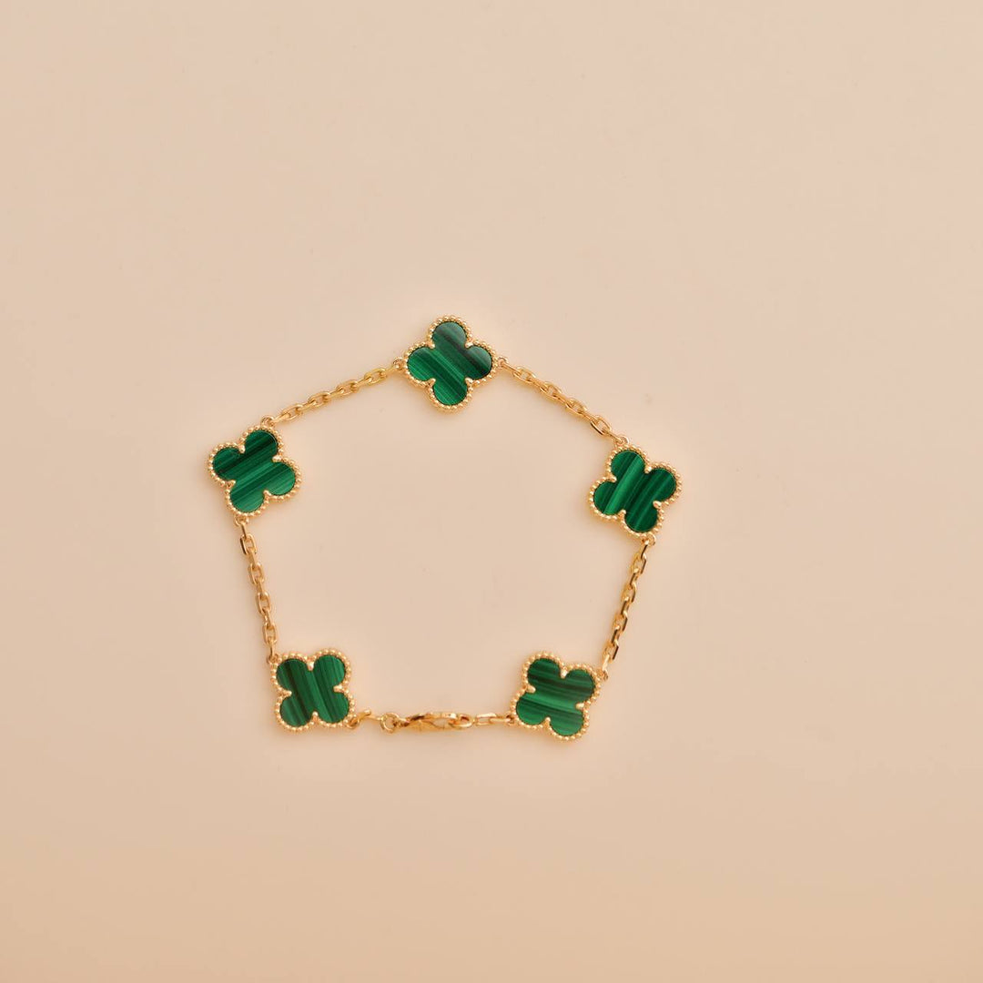 Van Cleef & Arpels Vintage Alhambra 5 Motif Malachite 18K Yellow Gold Bracelet
