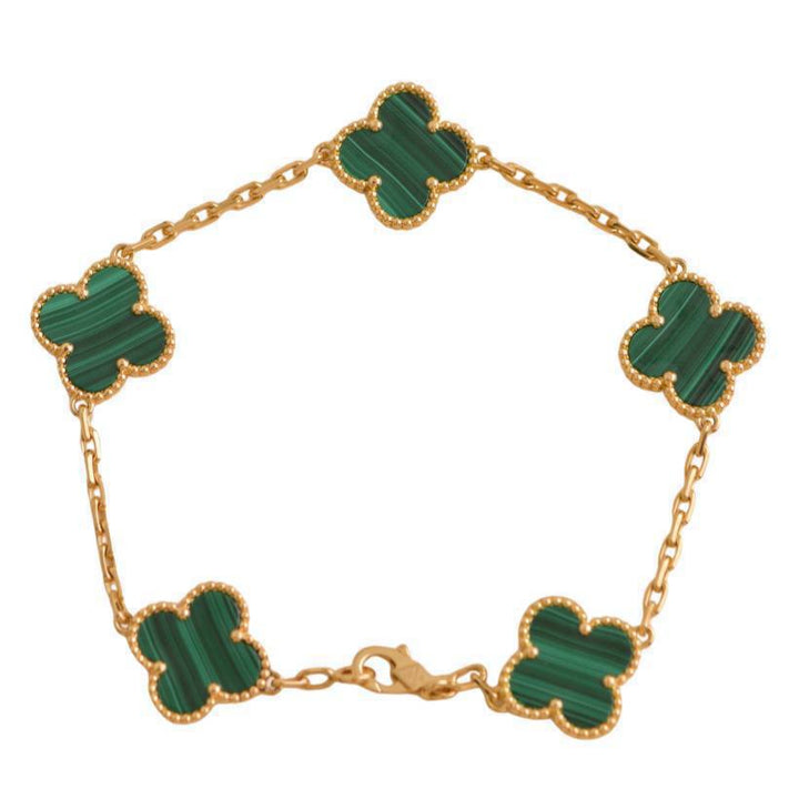 Van Cleef & Arpels Vintage Alhambra 5 Motif Malachite 18K Yellow Gold Bracelet