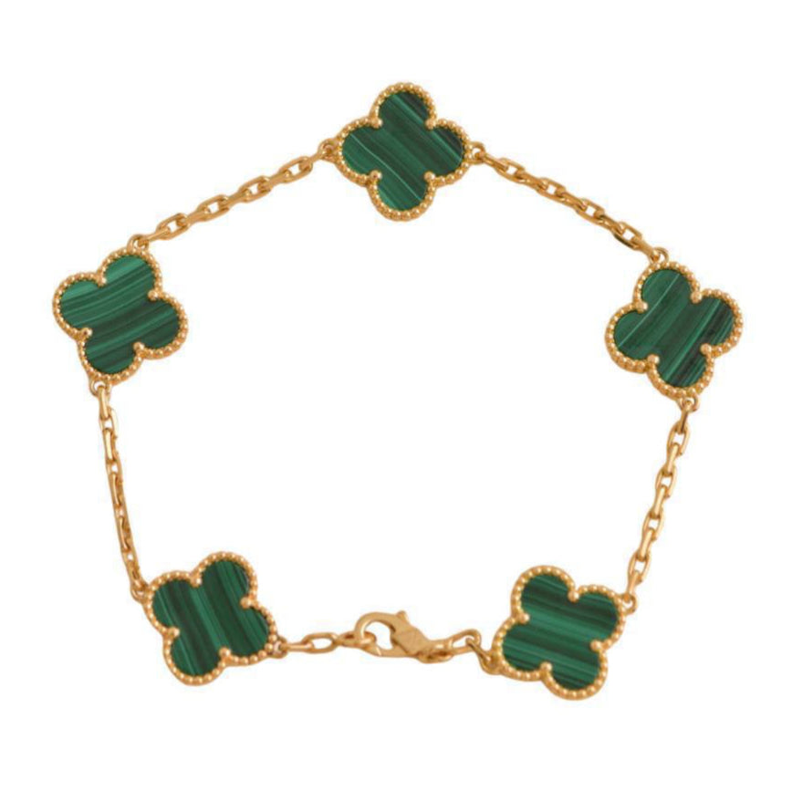 Preloved Van Cleef & Arpels Vintage Alhambra 5 Motif Malachite 18K Gold Bracelet 