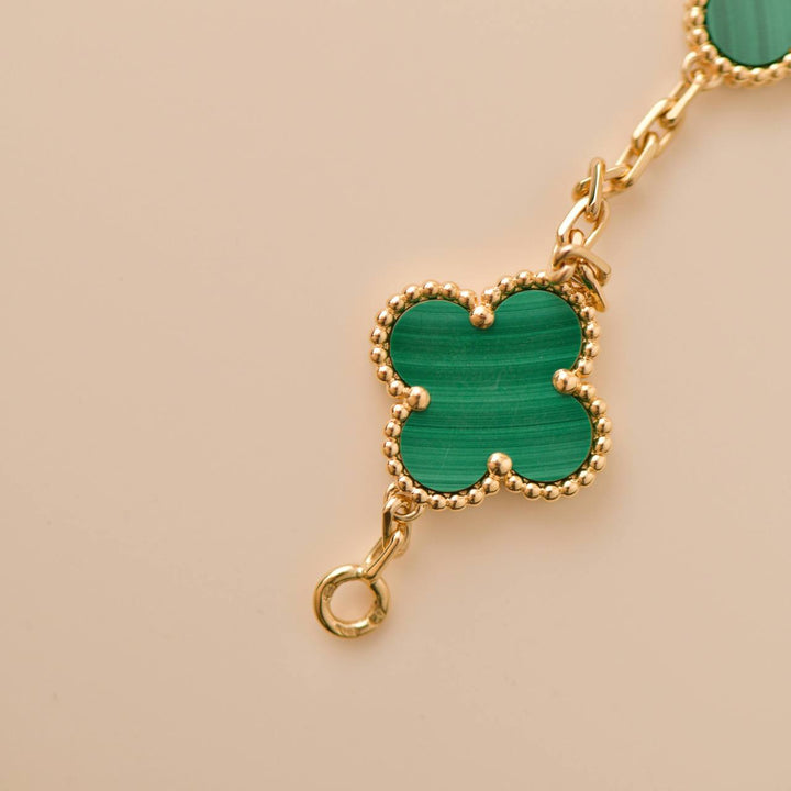 Preowned Van Cleef Vintage Alhambra 5 Motif Malachite 18K Gold Bracelet 