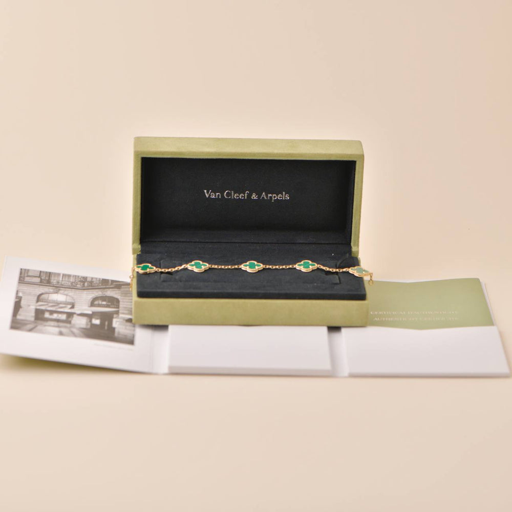 Preowned Van Cleef & Arpels Vintage Alhambra 5 Motif Malachite 18K Gold Bracelet 