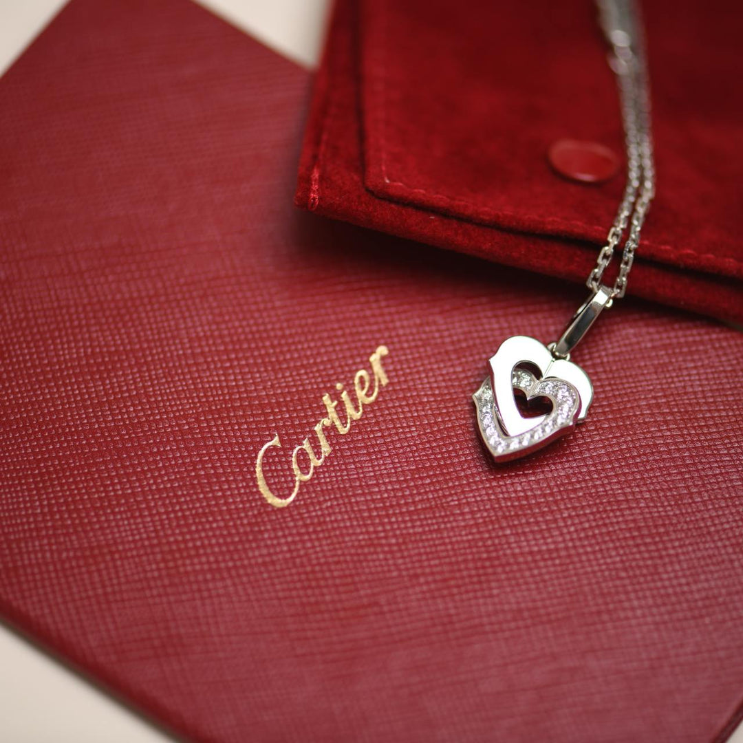 Cartier Hearts and Symbols Diamond Double Heart 18K White Gold Pendant Necklace