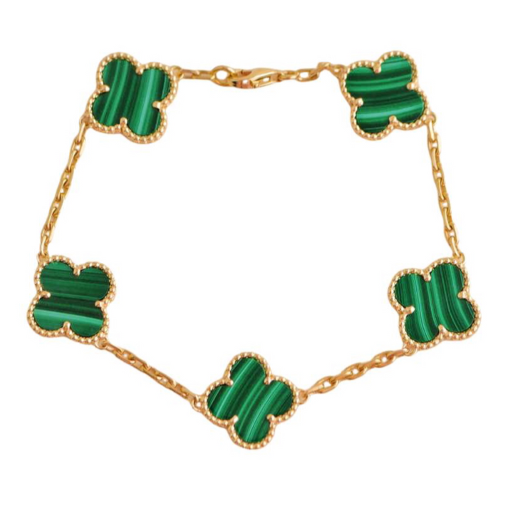 Preloved Van Cleef & Arpels Vintage Alhambra 5 Motif Malachite 18K Gold Bracelet 