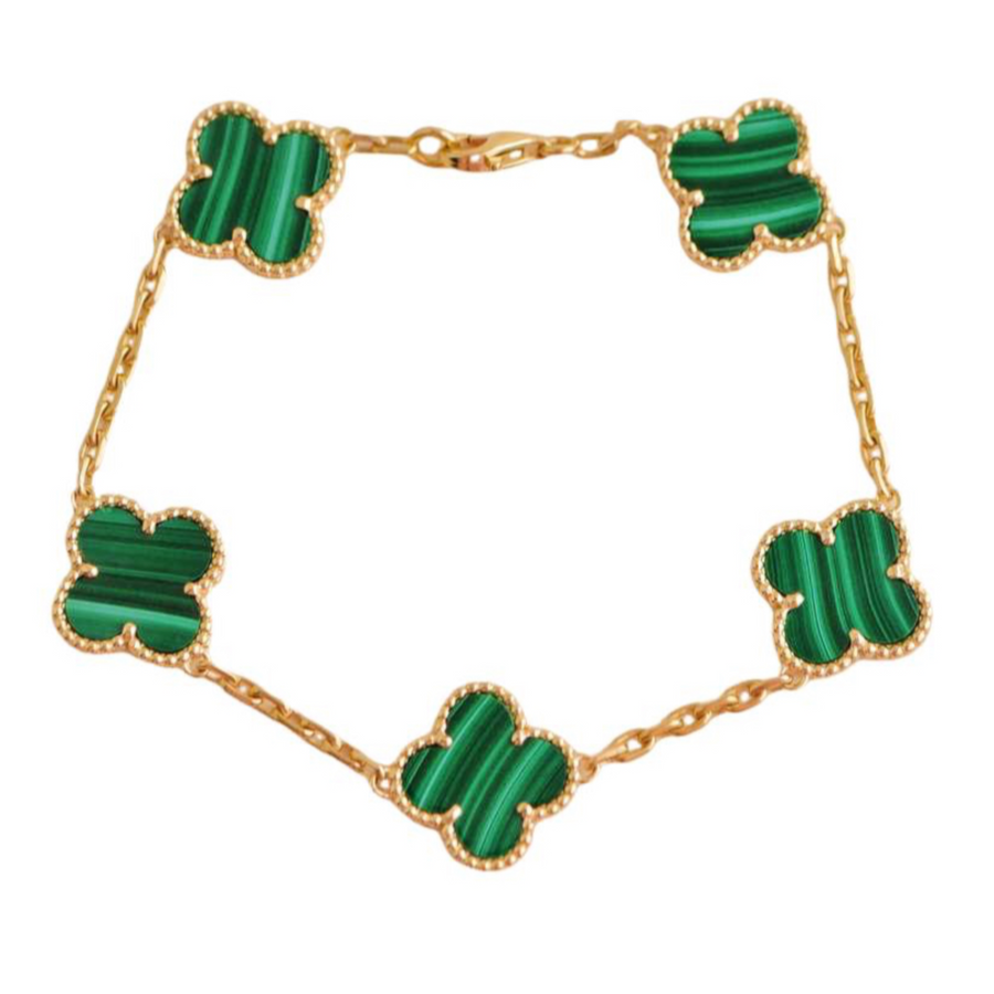 Preloved Van Cleef & Arpels Vintage Alhambra 5 Motif Malachite 18K Gold Bracelet 