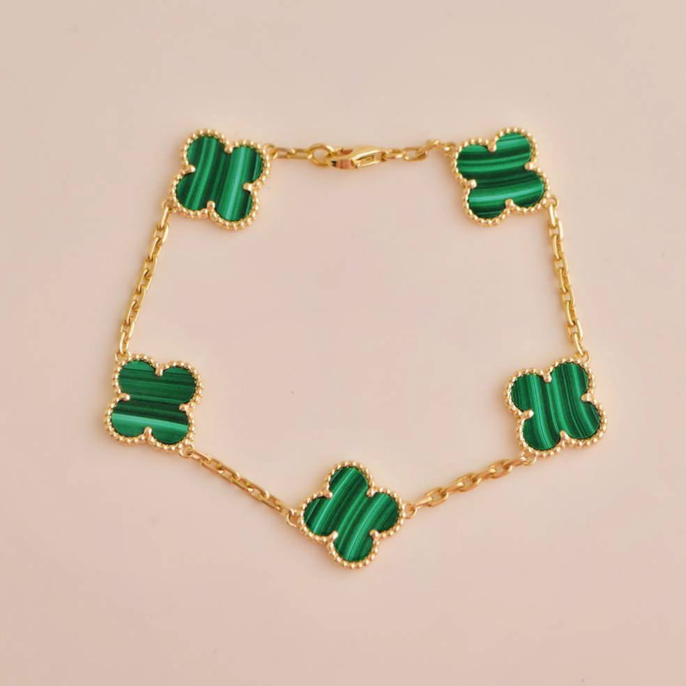 Preowned Van Cleef & Arpels Vintage Alhambra 5 Motif Malachite 18K Gold Bracelet 