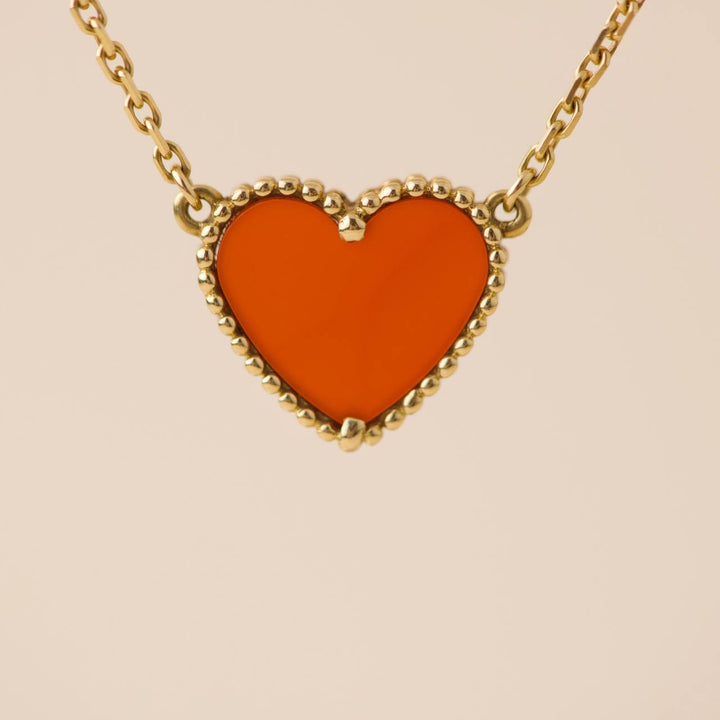 Second Hand Van Cleef & Arpels Lucky Alhambra Carnelian 18K Yellow Gold Heart Pendant Necklace