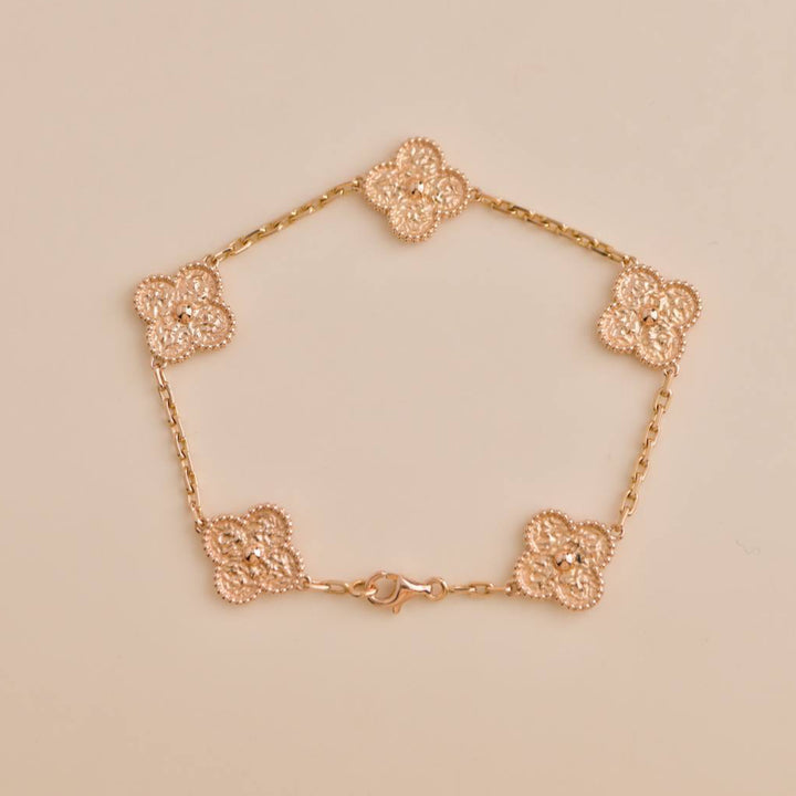 Preowned Van Cleef & Arpels Vintage Alhambra 5 Motif Hammered 18K Rose Gold Bracelet