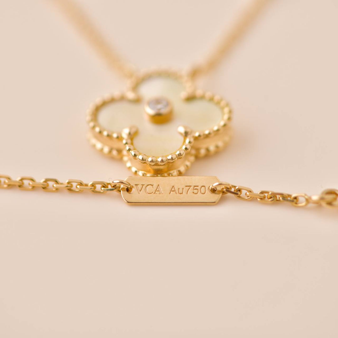 Second Hand Van Cleef Vintage Alhambra Gold Mother Of Pearl Diamond 2018 Holiday Pendant Necklace