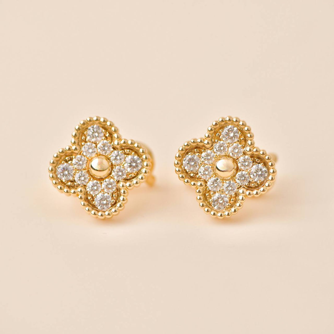 Preowned Van Cleef & Arpels Vintage Alhambra Diamond 18K Yellow Gold Earrings