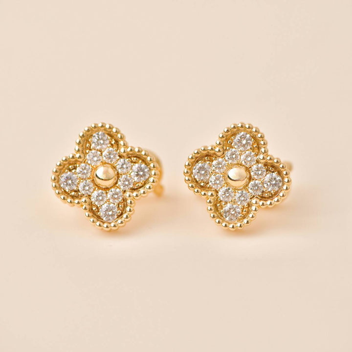 Preowned Van Cleef & Arpels Vintage Alhambra Diamond 18K Yellow Gold Earrings