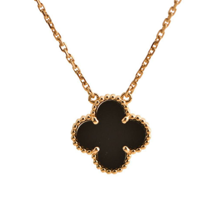 Preloved Van Cleef & Arpels Vintage Alhambra Onyx 18K Yellow Gold Pendant Necklace 