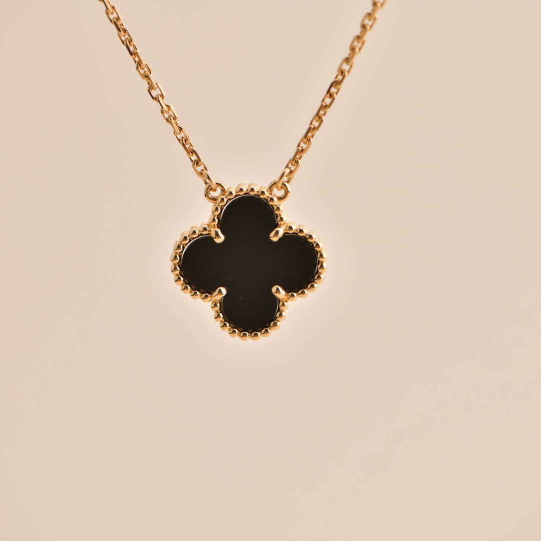 Preloved Van Cleef Vintage Alhambra Onyx 18K Yellow Gold Pendant Necklace 