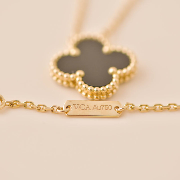 Preowned Van Cleef Vintage Alhambra Onyx 18K Yellow Gold Pendant Necklace 