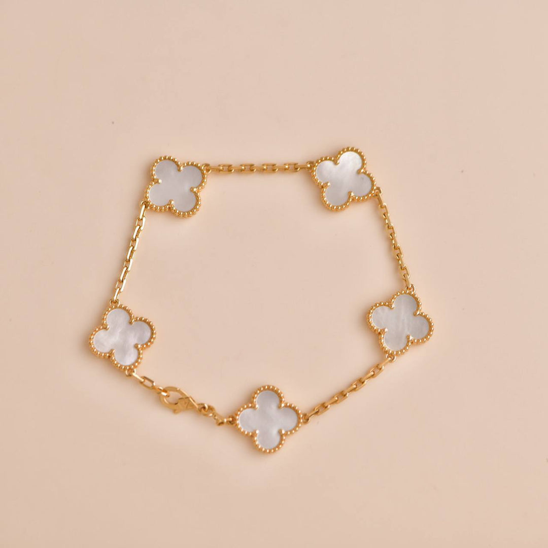 Second Hand Van Cleef & Arpels Vintage Alhambra 5 Motif  Mother of Pearl 18K Yellow Gold Bracelet