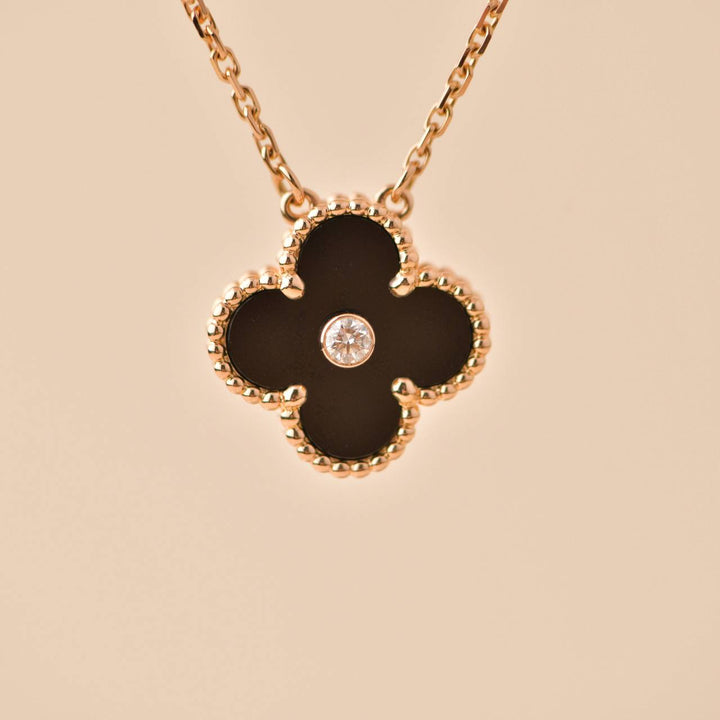 Second Hand Van Cleef & Arpels Vintage Alhambra 2016 Holiday Diamond Onyx 18K Rose Gold Pendant Necklace