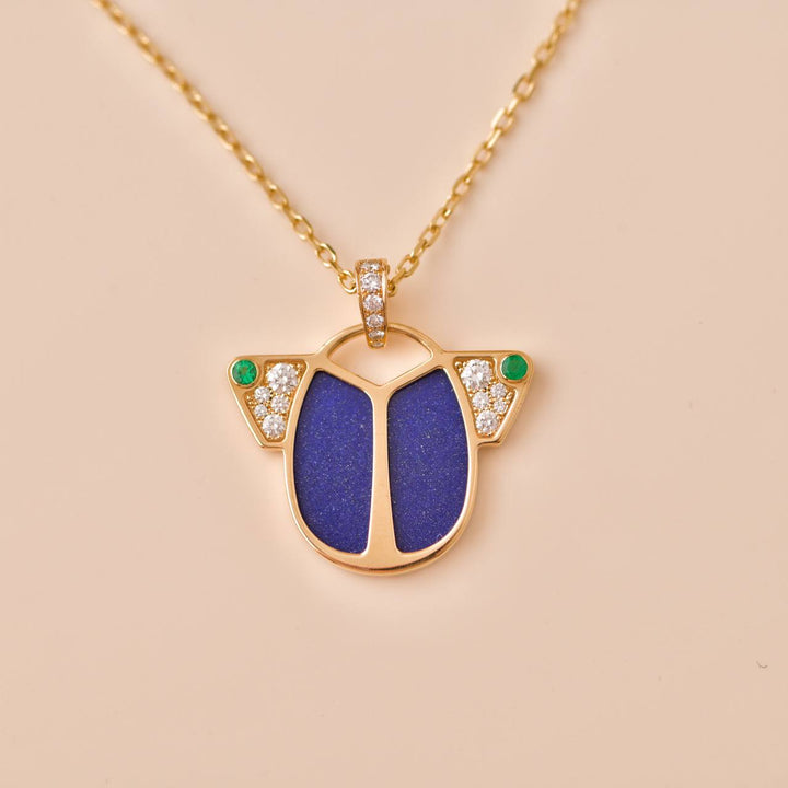 Second Hand Cartier Diamond Lapis Lazuli Emerald Scarab 18k Yellow Gold Necklace