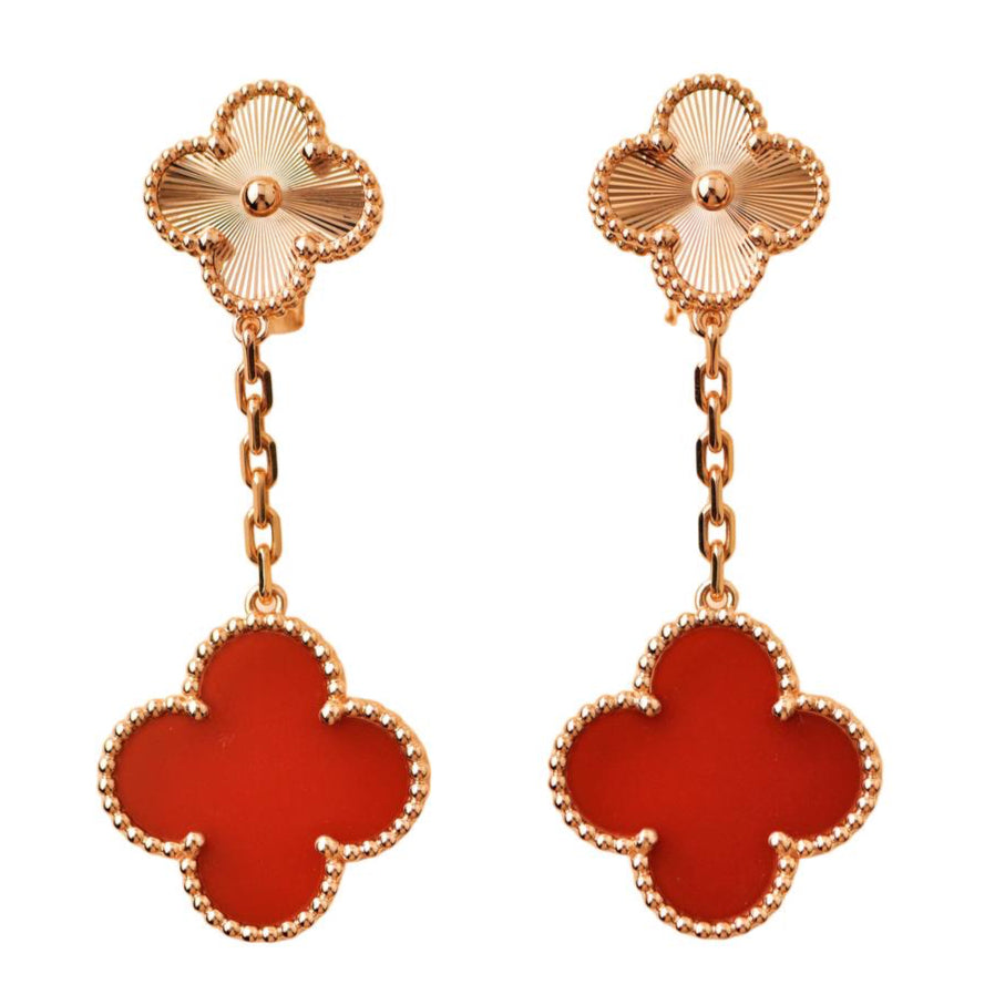 Preloved Van Cleef & Arpels Vintage Alhambra Guilloché Carnelian 18K Rose Gold Earrings