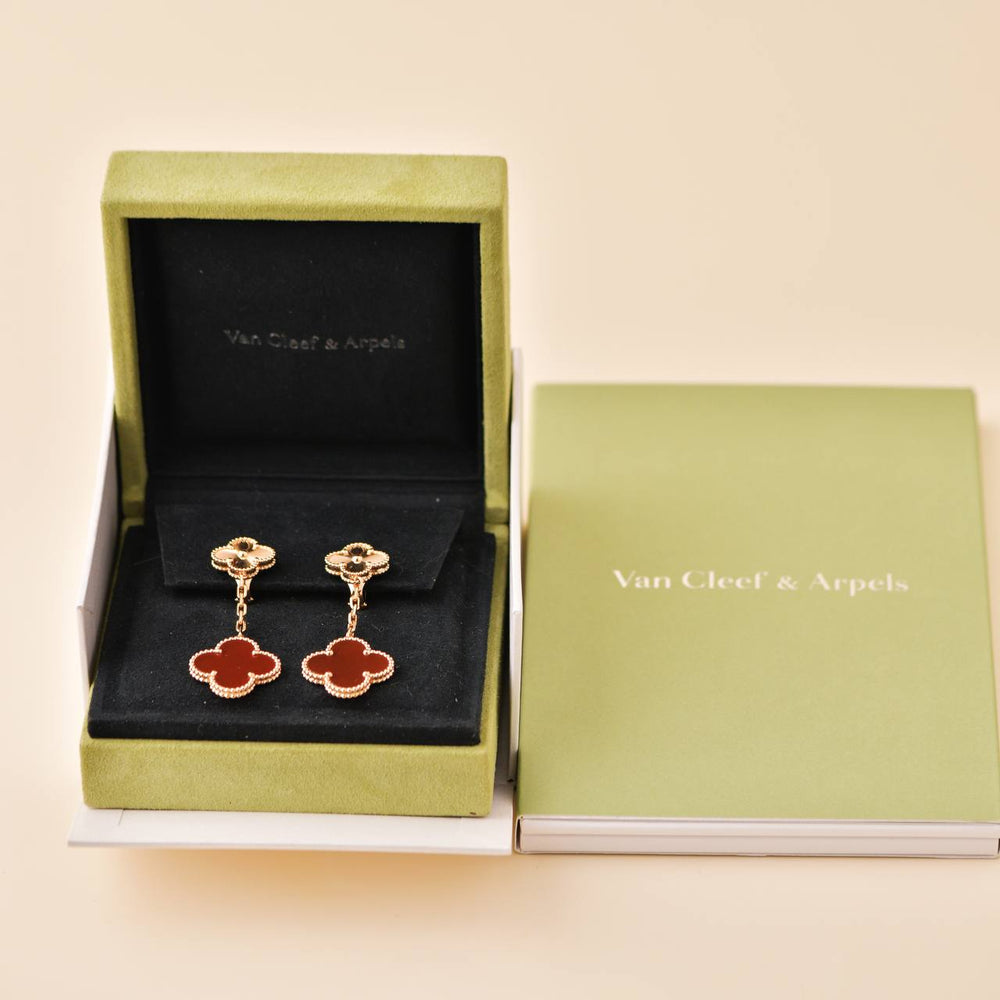 Preowned Van Cleef & Arpels Vintage Alhambra Guilloché Carnelian 18K Rose Gold Earrings