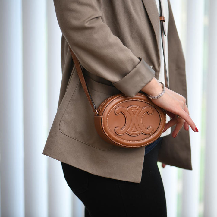 Preloved Céline Cuir Triomphe Tan Leather Oval Crossbody Bag