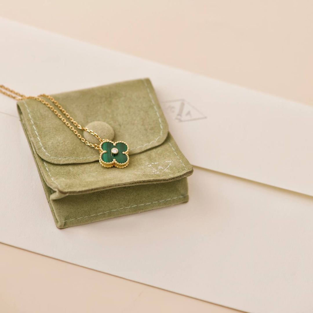 Preowned Van Cleef & Arpels Vintage Alhambra Malachite Diamond 2013 Holiday Pendant Necklace