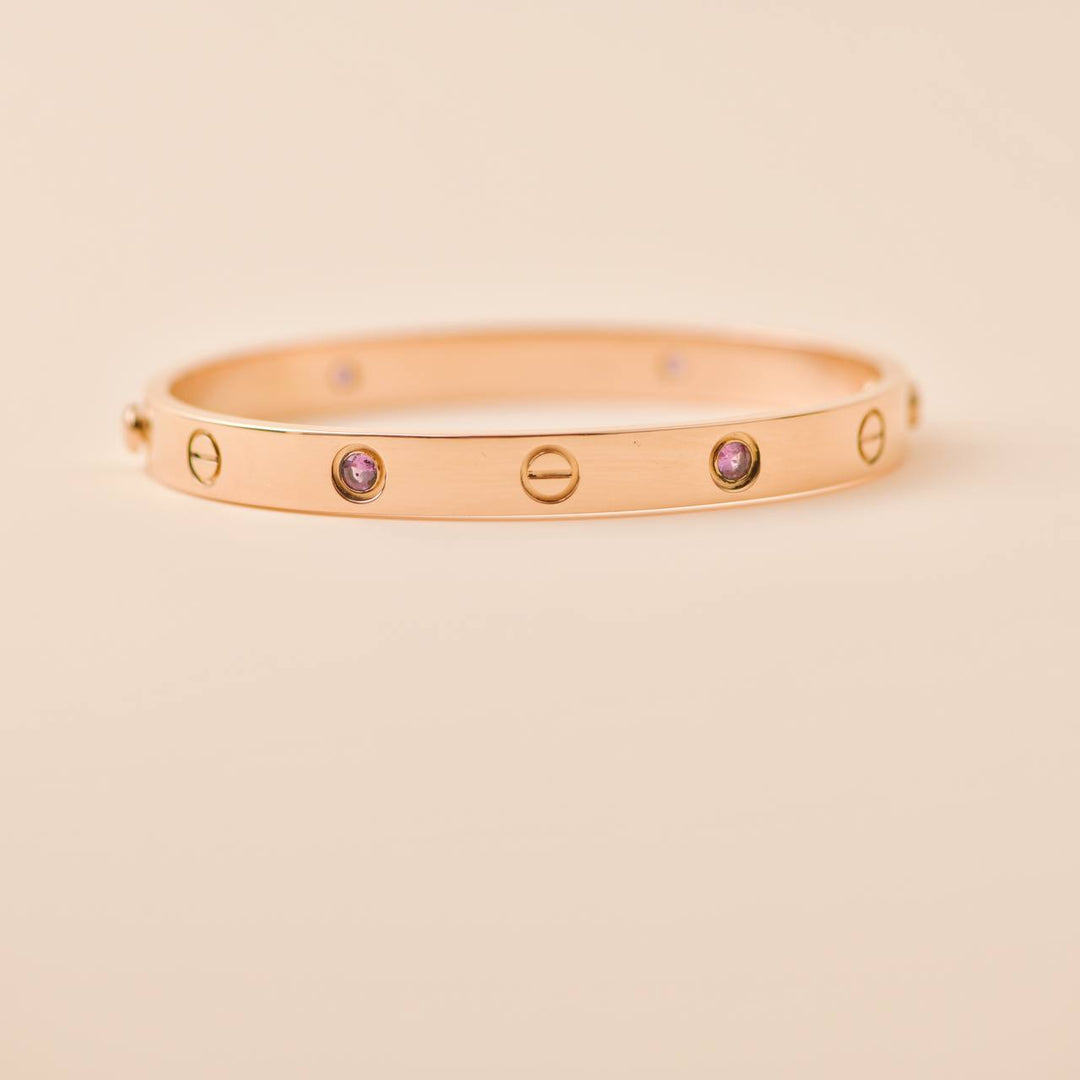 Cartier Love 4 Pink Sapphire 18K Rose Gold Bracelet Size 17