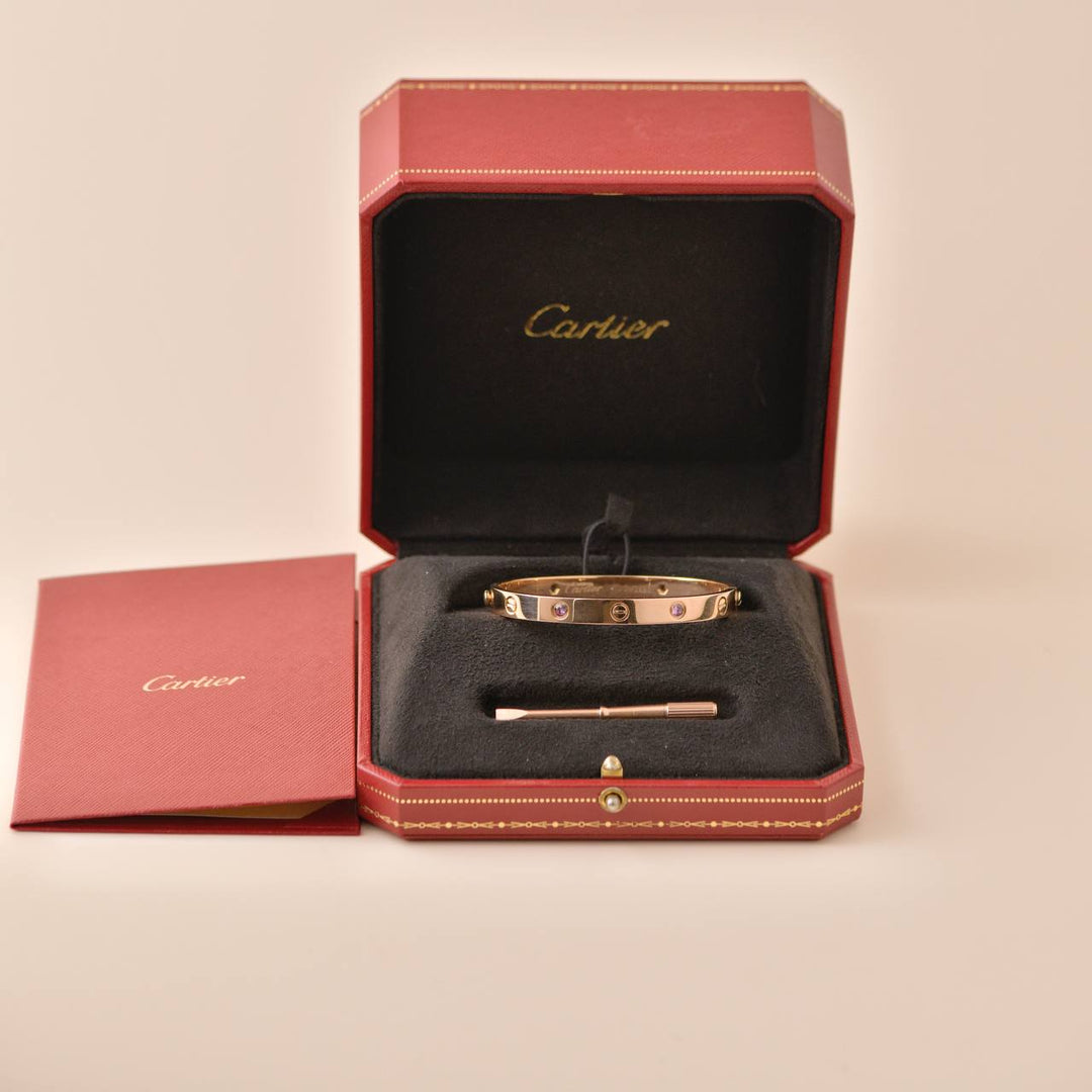 Cartier Love 4 Pink Sapphire 18K Rose Gold Bracelet Size 17