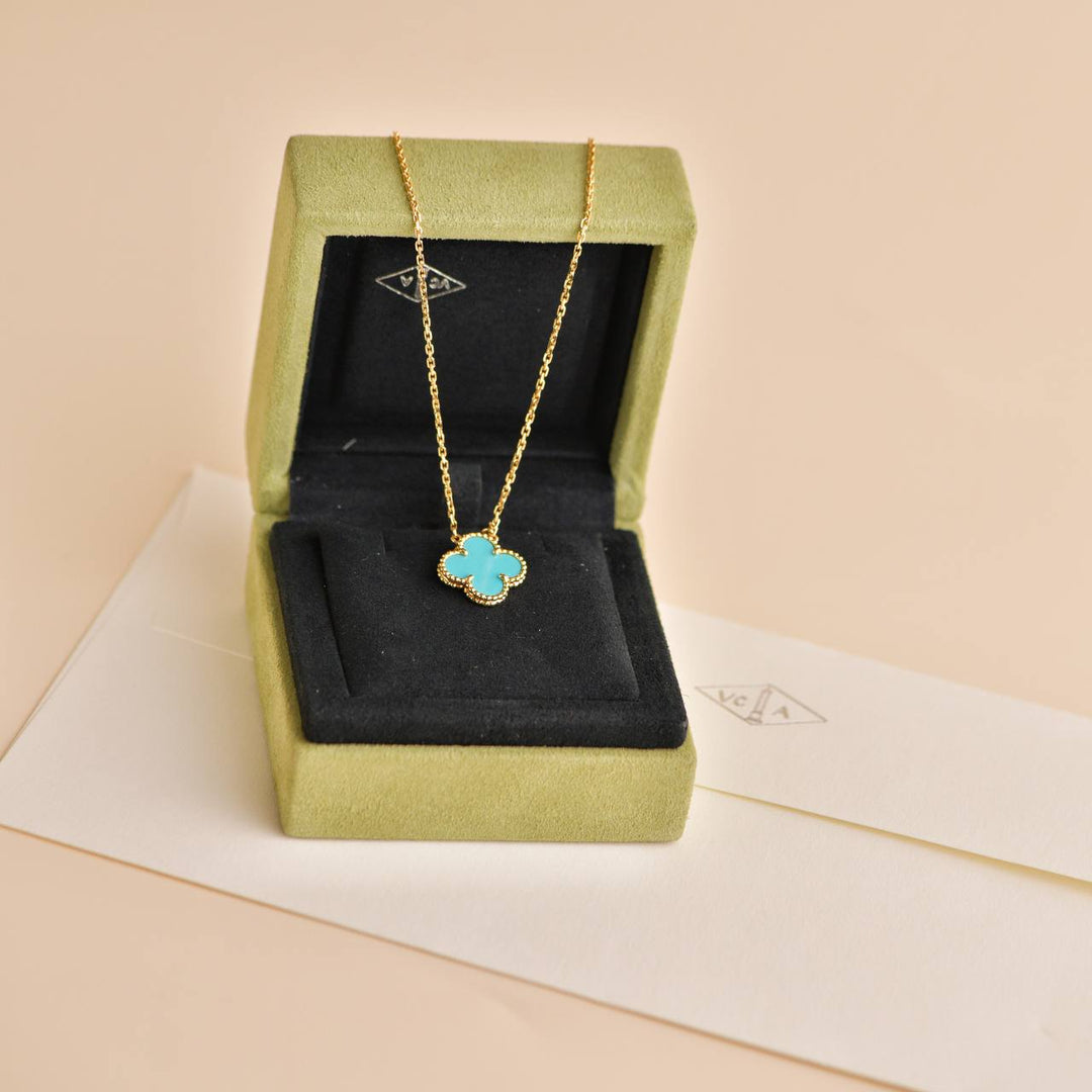 Preowned Van Cleef & Arpels Vintage Alhambra Turquoise 18K Yellow Gold Pendant Necklace