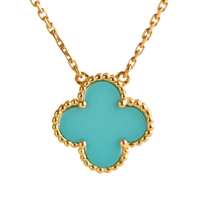 Preloved Van Cleef & Arpels Vintage Alhambra Turquoise 18K Yellow Gold Pendant Necklace