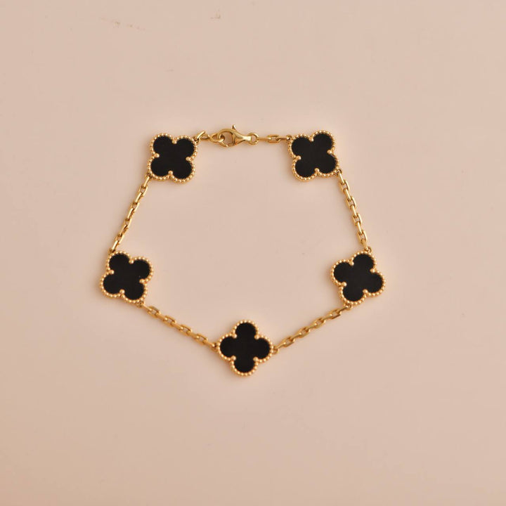 Second Hand Van Cleef & Arpels Vintage Alhambra 5 Motif Black Onyx 18K Yellow Gold Bracelet