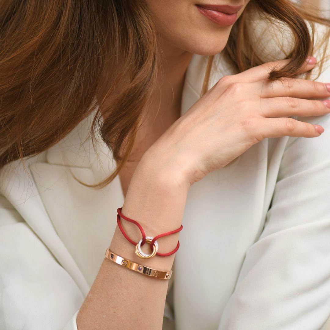 Cartier Trinity Diamond 18K Yellow Rose and White Gold Red Cord