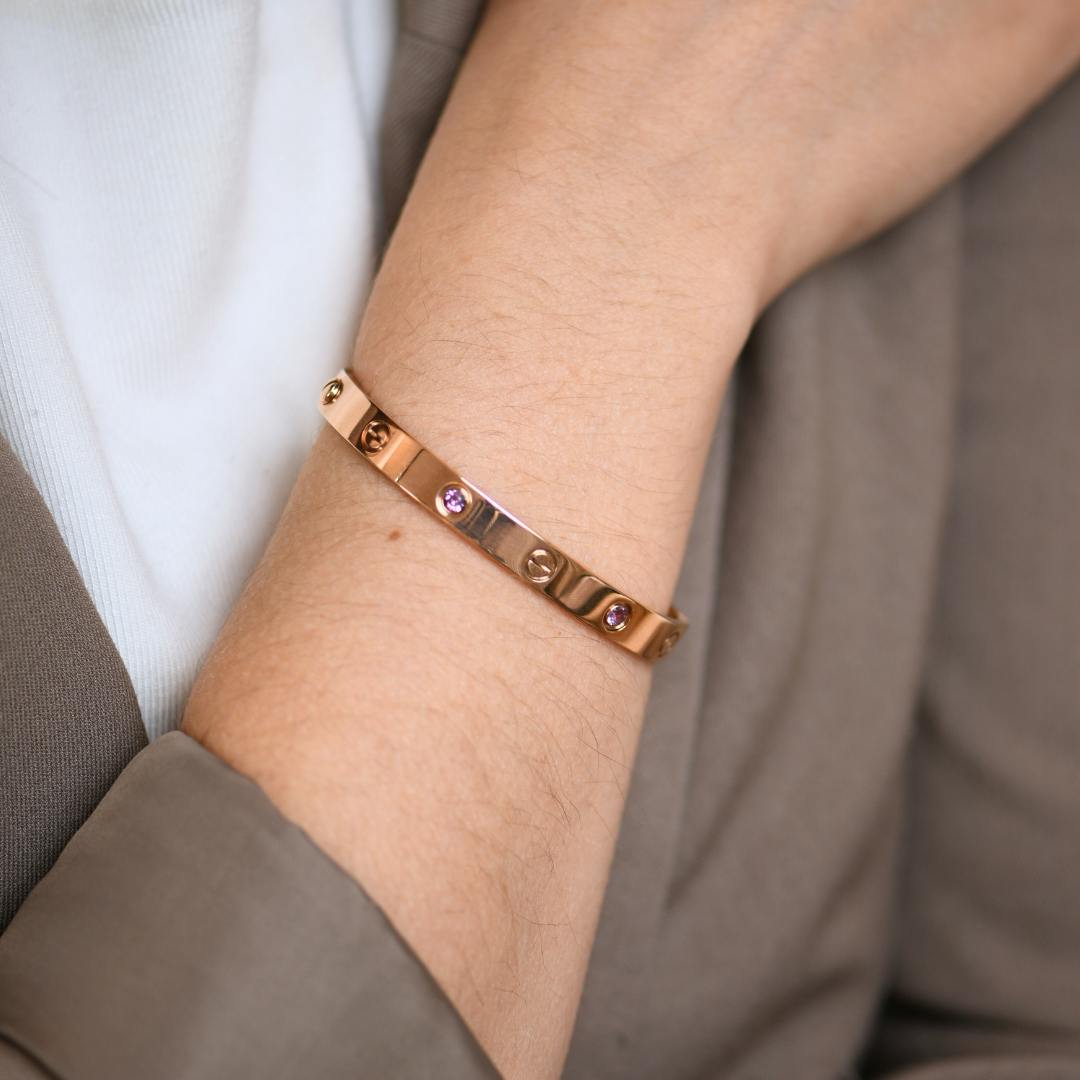 Cartier Love Bracelet 4 Pink Sapphire 18k Rose Gold Size 17