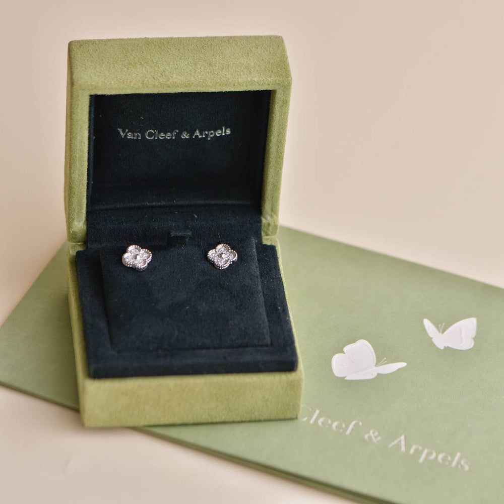 Preowned Van Cleef & Arpels Sweet Alhambra Diamond 18k White Gold Earrings
