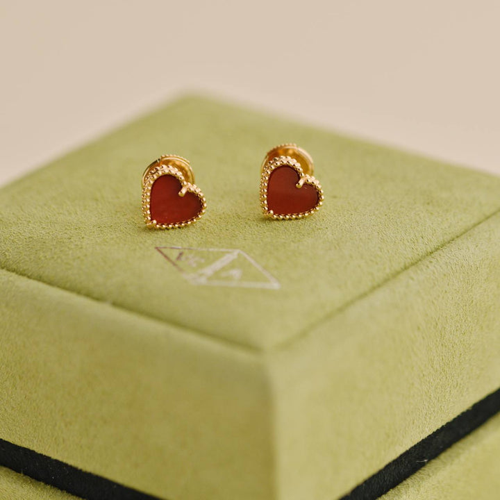 Preowned Van Cleef Sweet Alhambra Carnelian Heart 18K Rose Gold Earrings