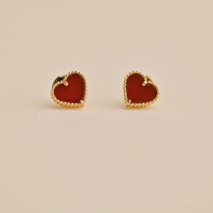 Second Hand Van Cleef Sweet Alhambra Carnelian Heart 18K Rose Gold Earrings