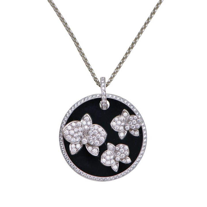 Preloved Cartier Caresse D'Orchidees Par Cartier Diamond 18K White Gold Black Onyx Round Pendant Necklace
