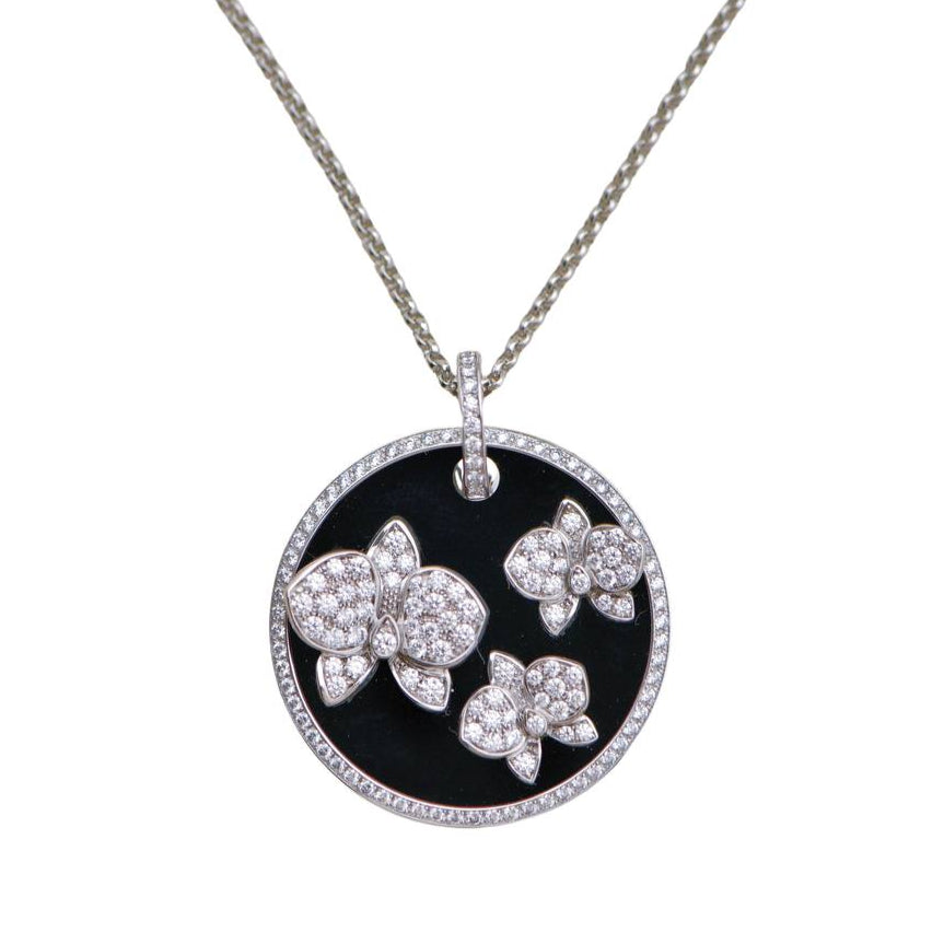 Preloved Cartier Caresse D'Orchidees Par Cartier Diamond 18K White Gold Black Onyx Round Pendant Necklace