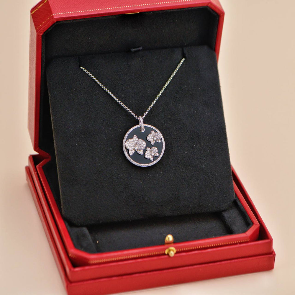 Preowned Cartier Caresse D'Orchidees Par Cartier Diamond 18K White Gold Black Onyx Round Pendant Necklace