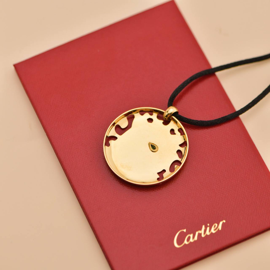 Second hand Cartier Yellow Gold Enamel Tsavorite Panthere Pendant Cord Necklace