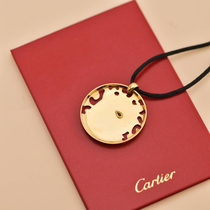 Second hand Cartier Yellow Gold Enamel Tsavorite Panthere Pendant Cord Necklace