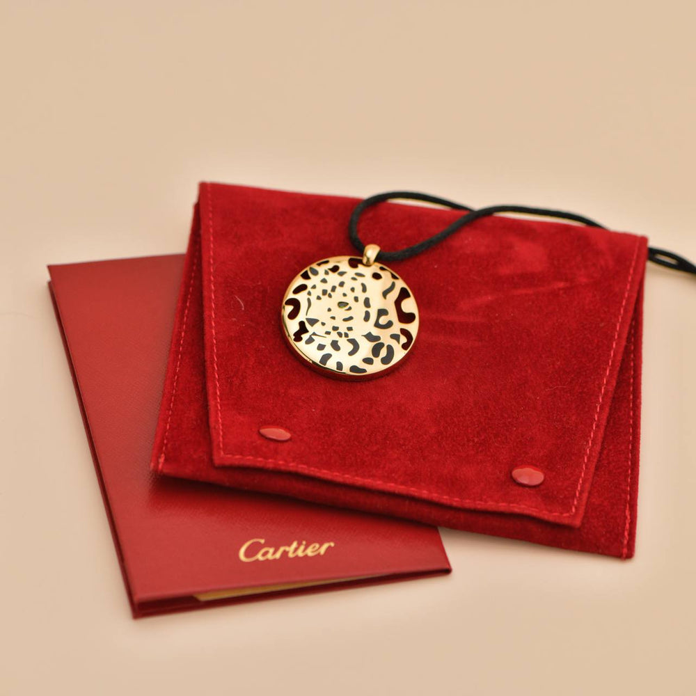 Preowned Cartier Yellow Gold Enamel Tsavorite Panthere Pendant Cord Necklace