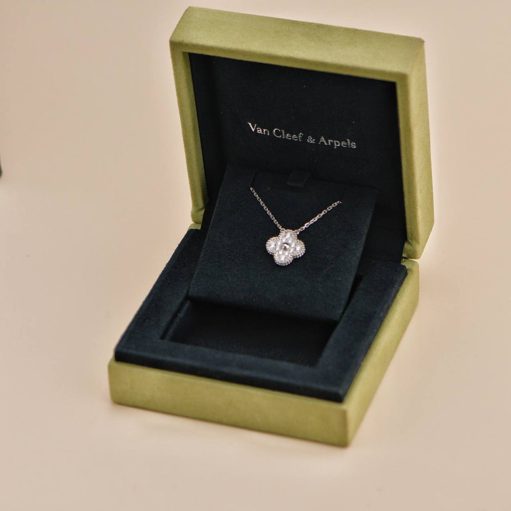 Preowned VCA Vintage Alhambra Diamond 18K White Gold Pendant Necklace